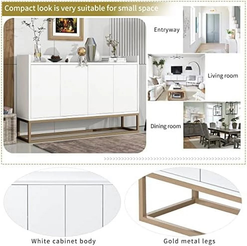 Modern Sideboard Buffet Cabinet with 4 Doors Adjustable Shelves Metal Legs White M589665