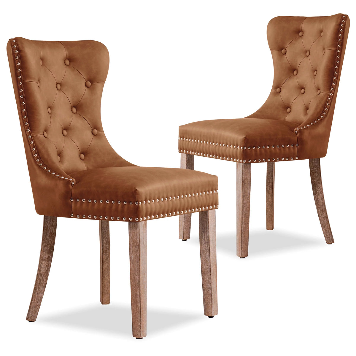 Brown PU Leather Dining Chairs with Wood Legs Set of 2 A911862