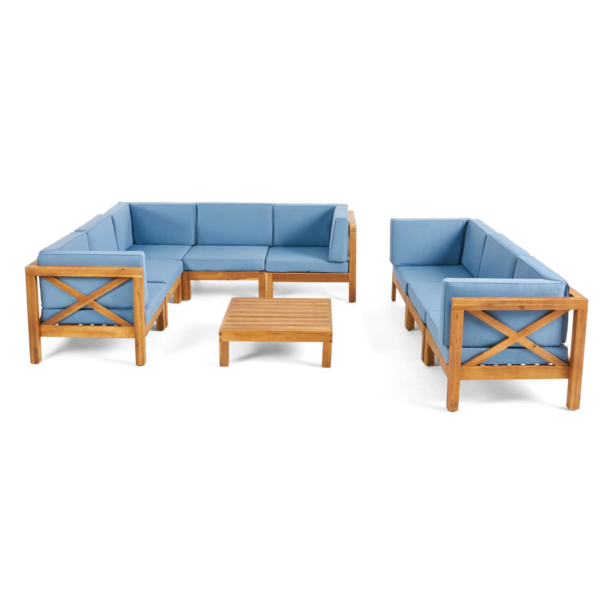 Teak Blue 8 Seater Wood Sectional Sofa Set with Coffee Table A583099