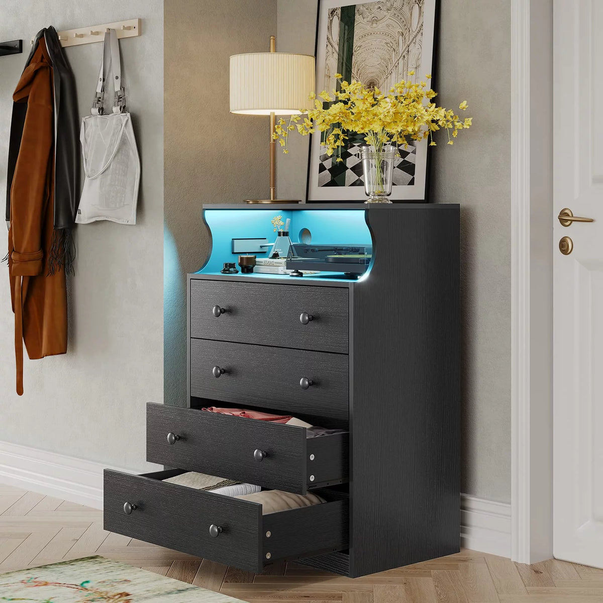 Black 4 Drawer Dresser with Charging Station H663