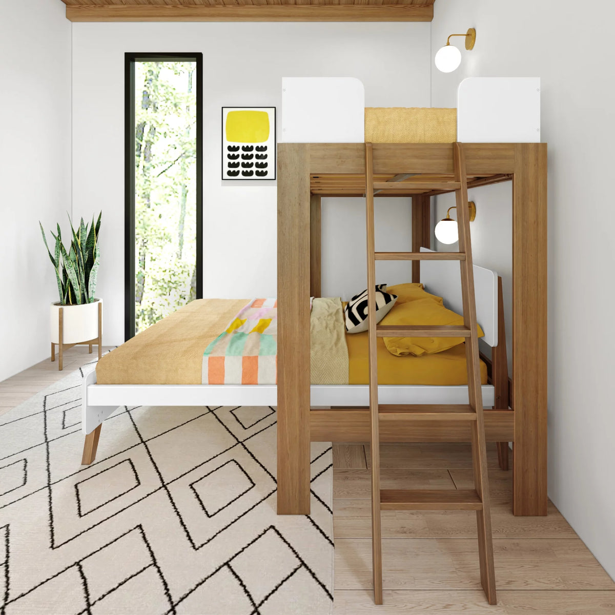 Twin over Full L-Shaped Bunk Bed White Pecan Solid Wood D121
