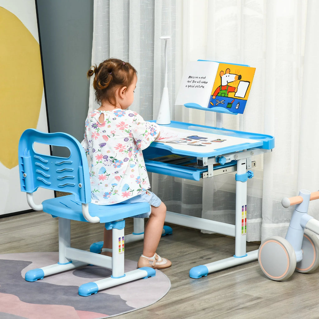 Kids Table and Chair Set with USB Lamp and Storage Drawer, Blue and White H64595