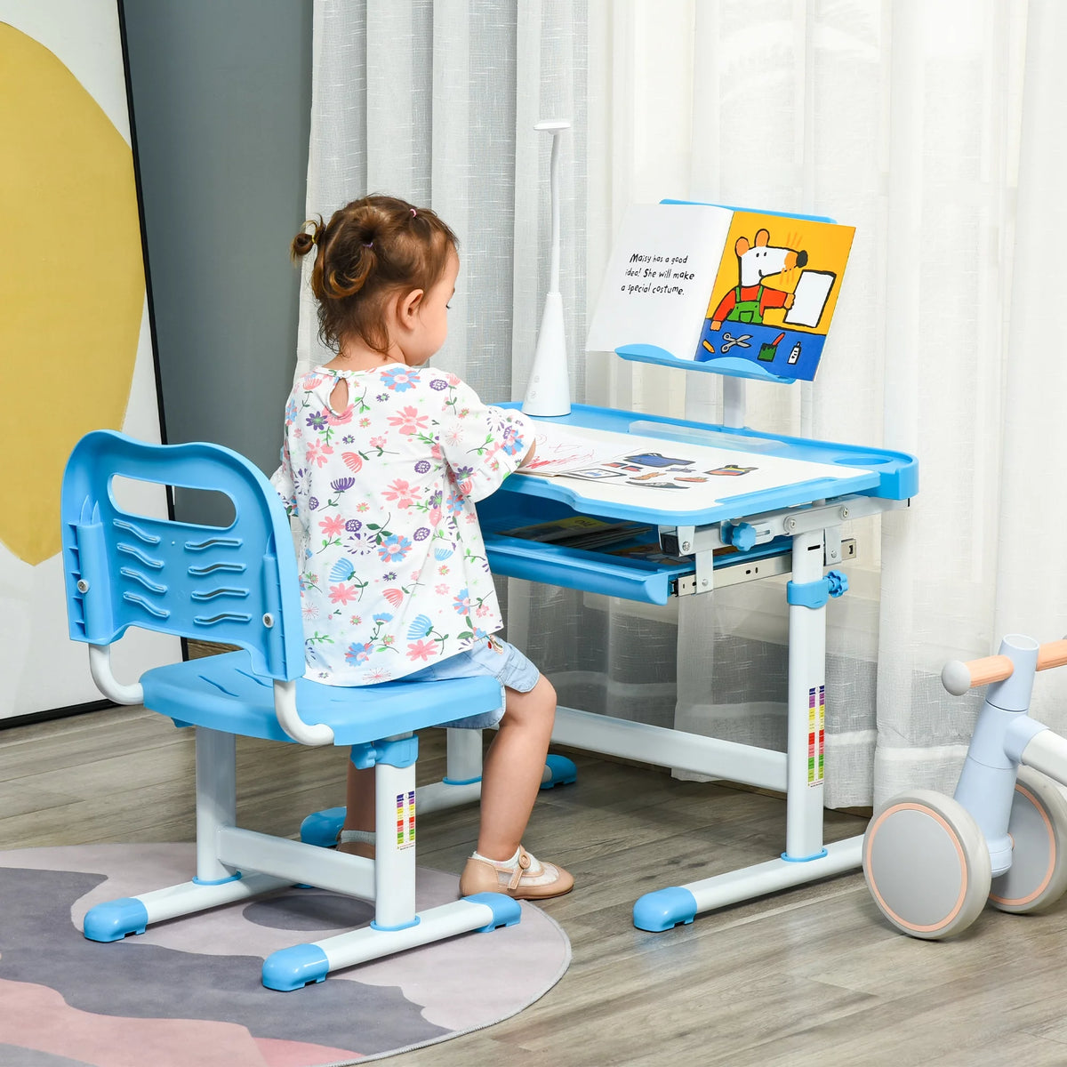 Kids Table and Chair Set with USB Lamp and Storage Drawer, Blue and White H64595