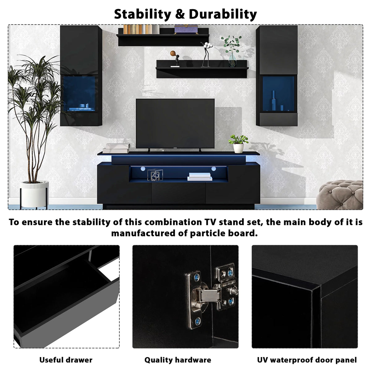 Black 5 Pieces Wall Mounted TV Stand with LED Light Strips B8714