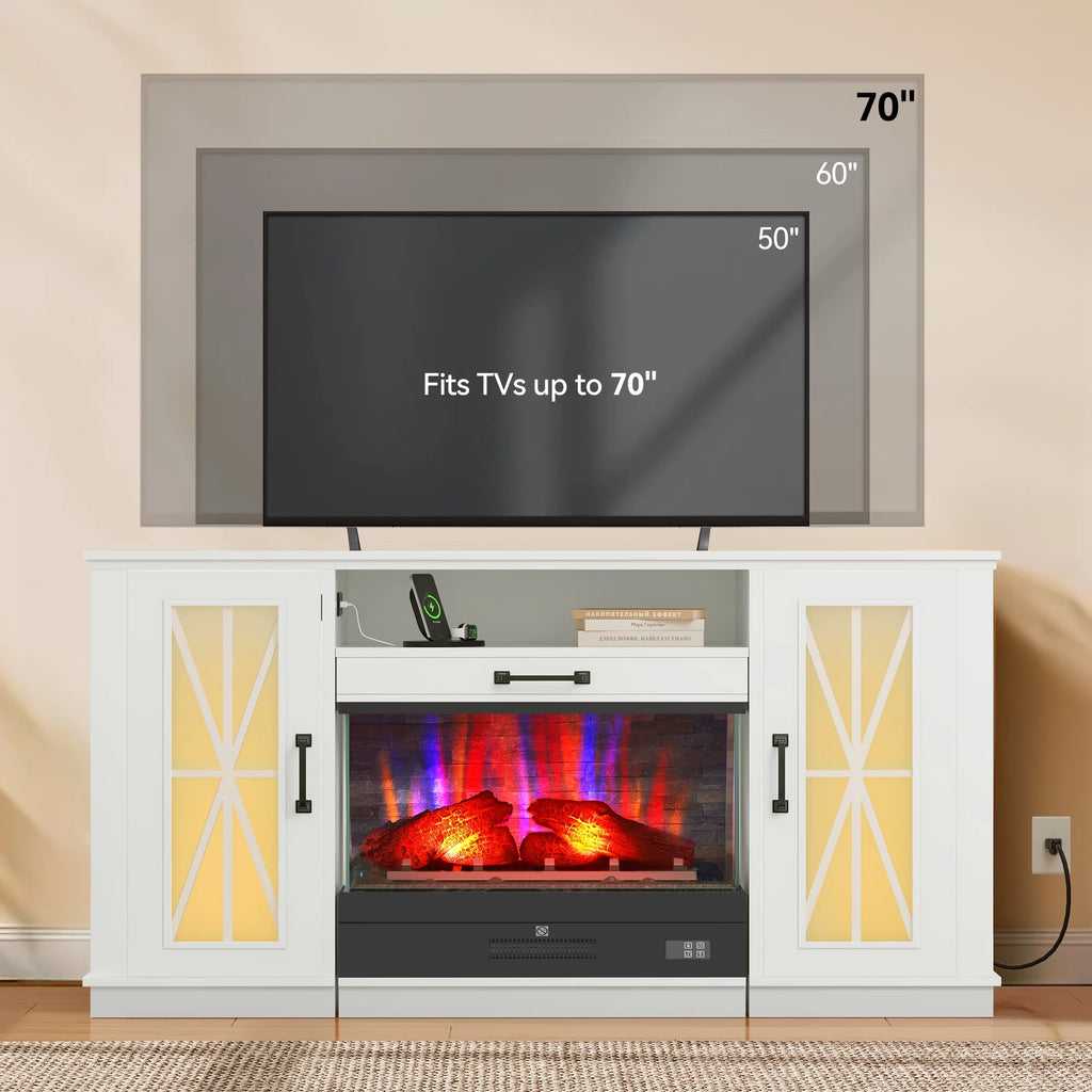 60 Inch White Entertainment Console with Slidable Fireplace and Storage Compartments A5765