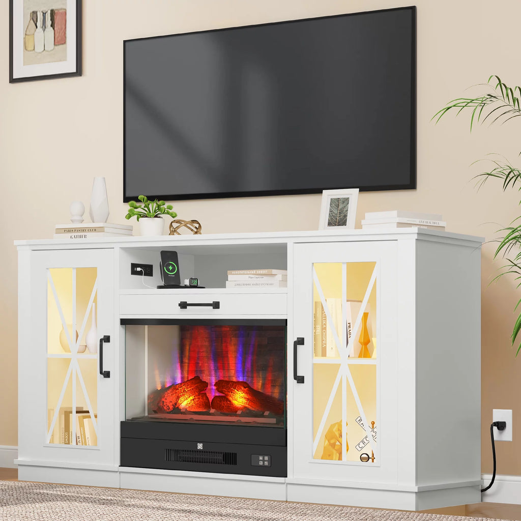 60 Inch White Entertainment Console with Slidable Fireplace and Storage Compartments A5765
