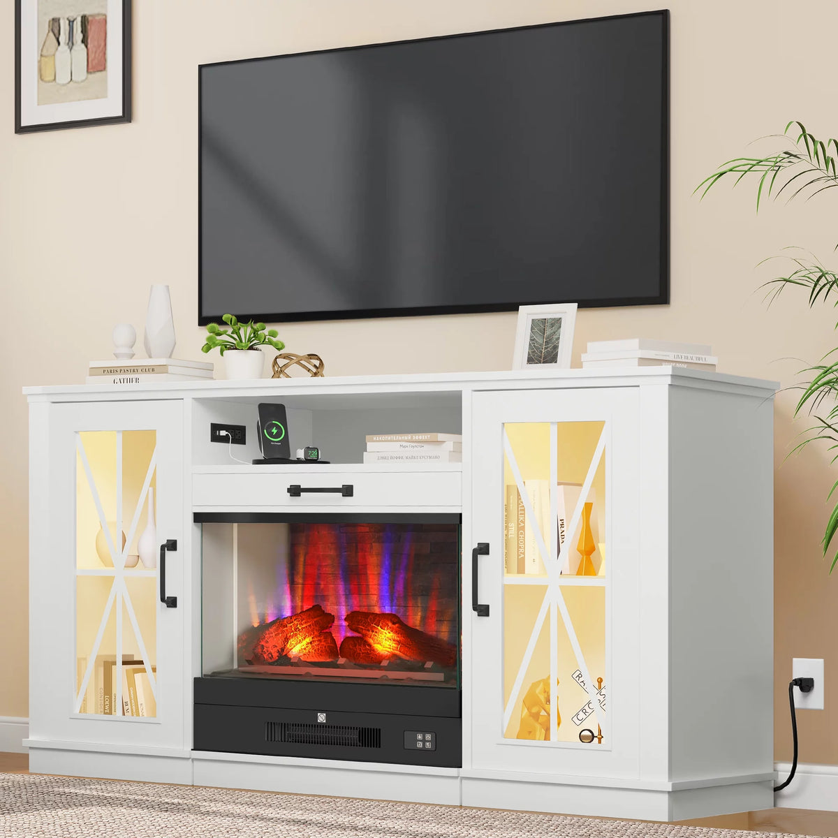 60 Inch White Entertainment Console with Slidable Fireplace and Storage Compartments A5765