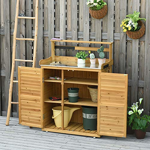 Wooden Potting Bench Table with 3-Tier Shelves and Cabinet Q7453