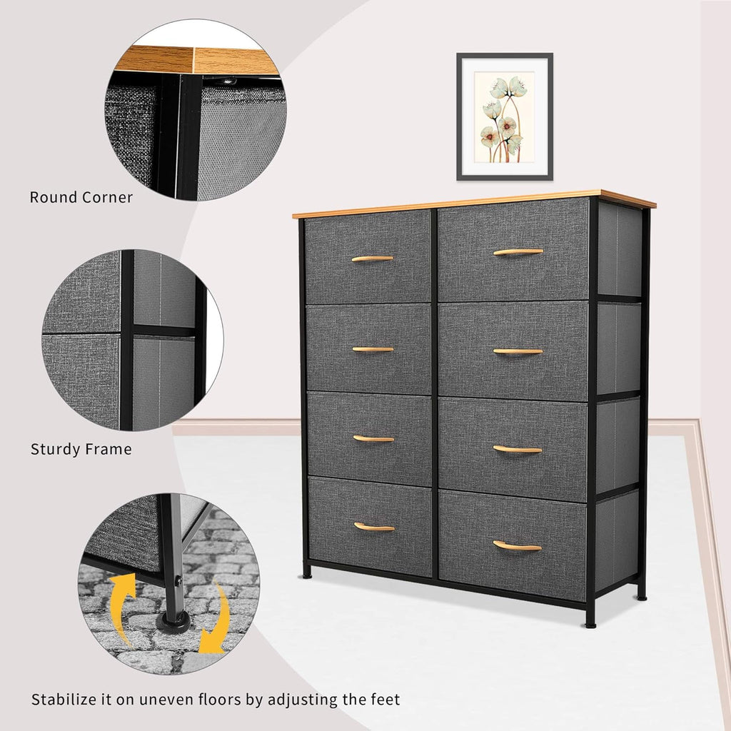Fabric Dresser with 8 Drawers Steel Frame Wooden Top Dark Gray V28134