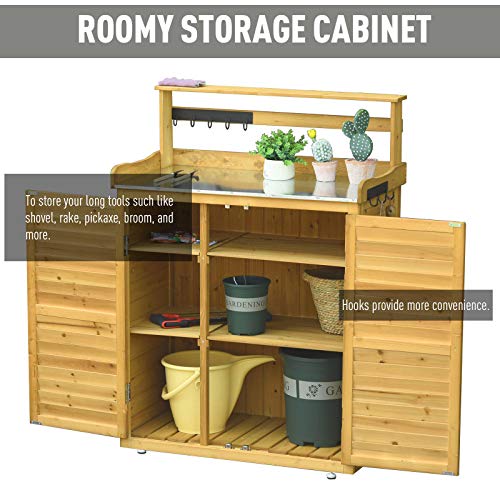Wooden Potting Bench Table with 3-Tier Shelves and Cabinet Q7453