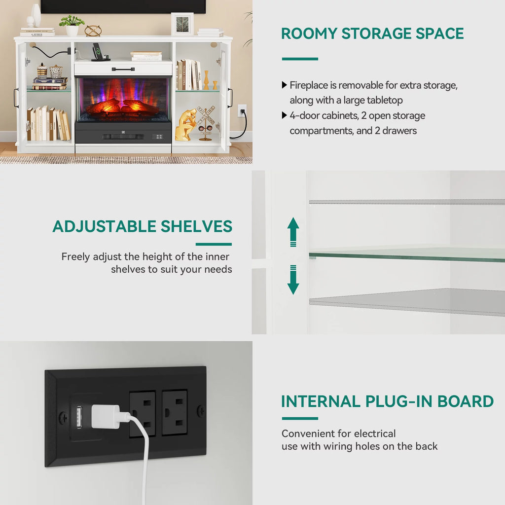 60 Inch White Entertainment Console with Slidable Fireplace and Storage Compartments A5765