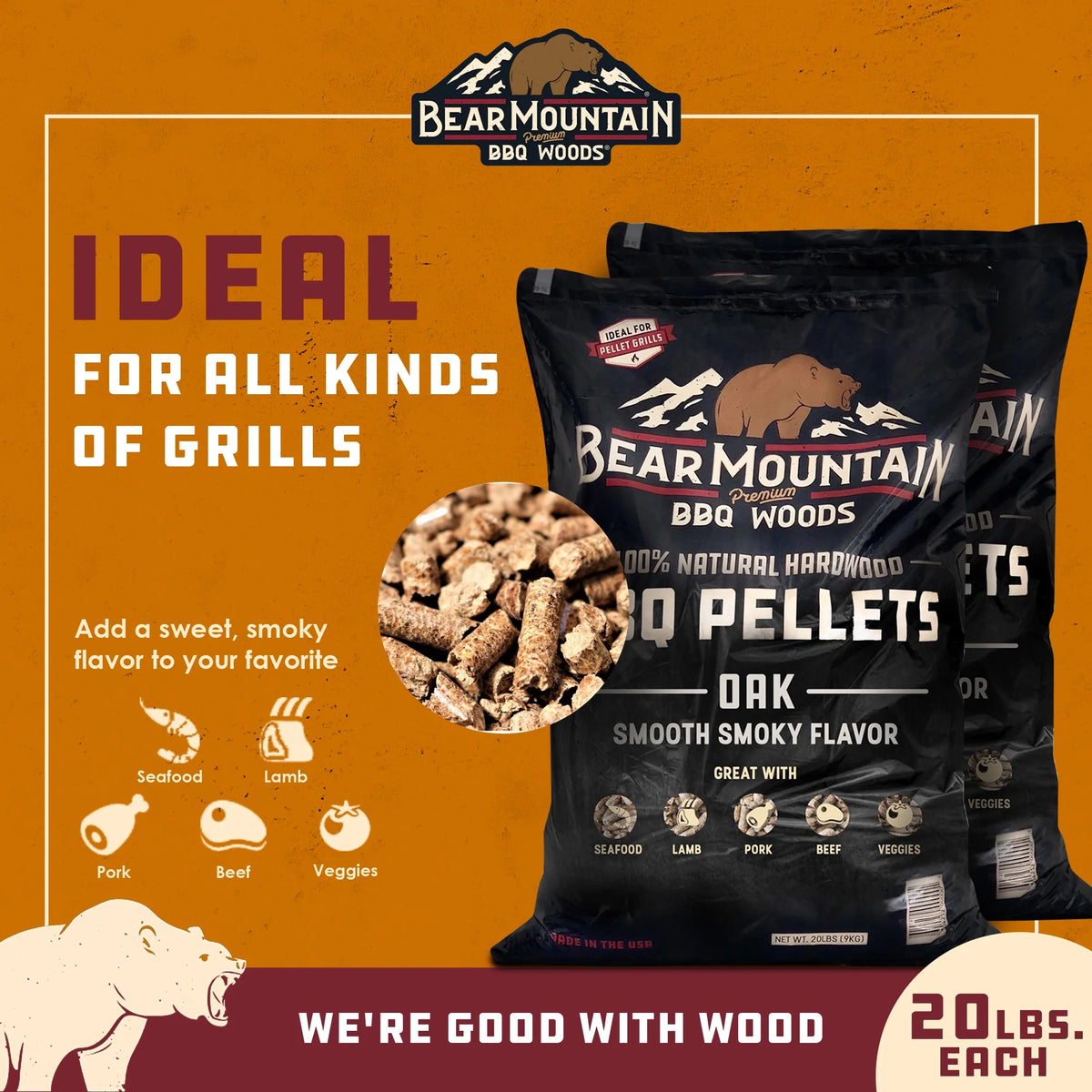 All Natural Hardwood Oak BBQ Smoker Pellets, 20 lbs (2 Pack) F20518