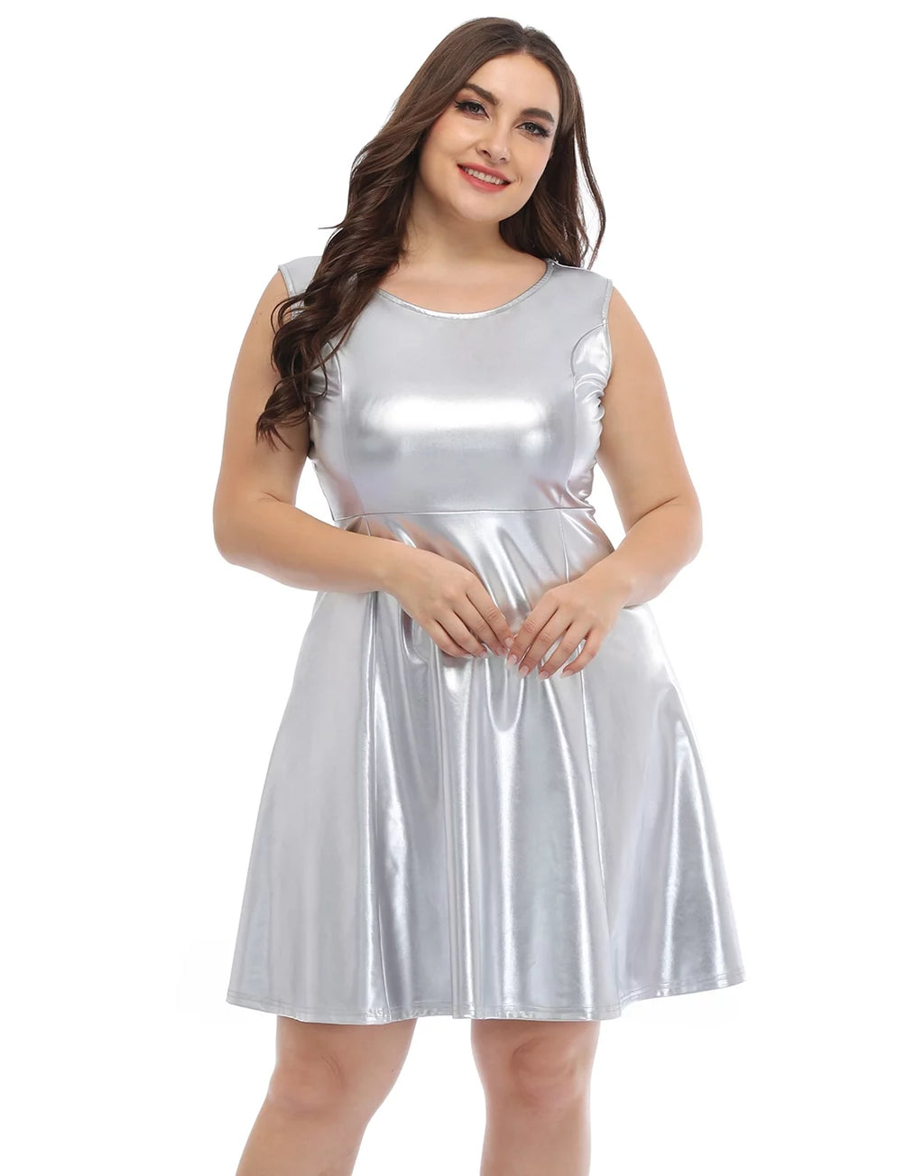 Shiny Metallic Sleeveless Skater Dress J4630