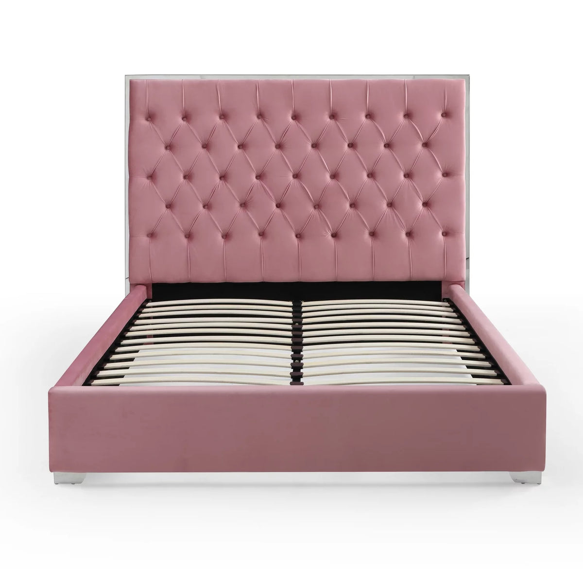 Pink Velvet King Bed with Silver Metal Frame C2706