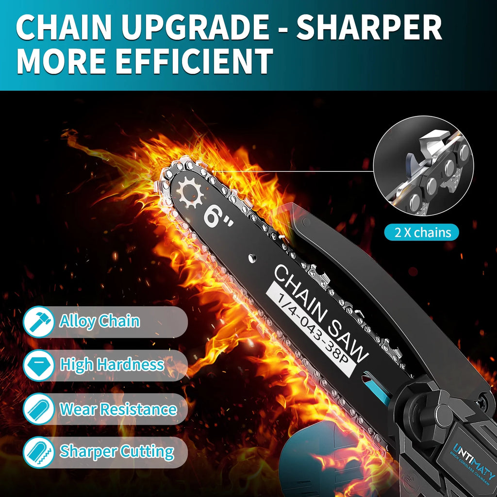 Mini Cordless Chainsaw, 6-Inch Battery Powered with 2 Batteries 2 Chains V7709