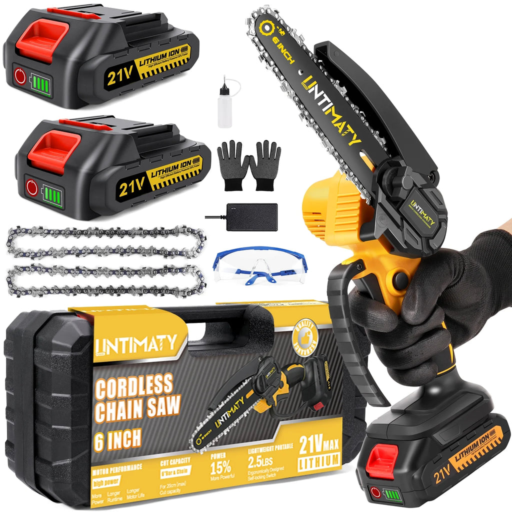Mini Cordless Chainsaw, 6-Inch Battery Powered with 2 Batteries 2 Chains V7709