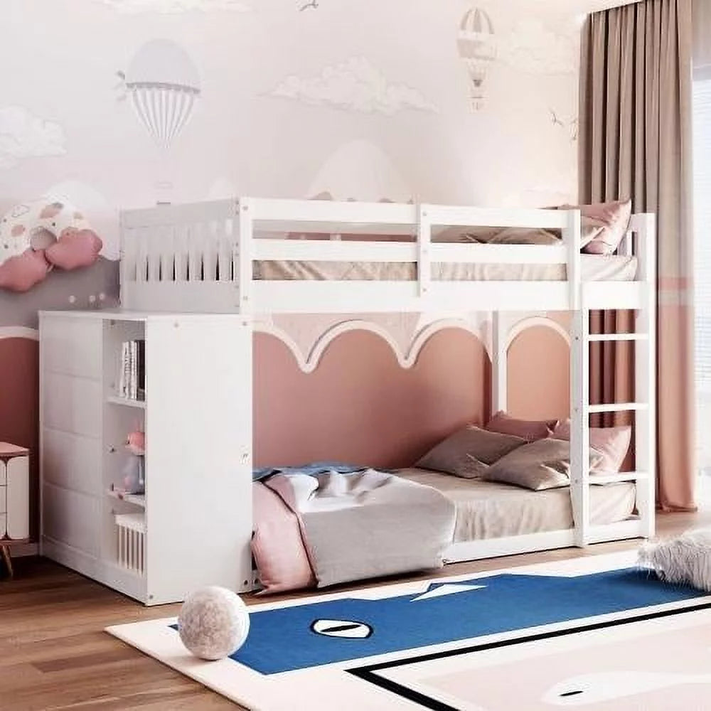 White Solid Wood Twin Over Twin Low Bunk Bed with Slide and Stair H892