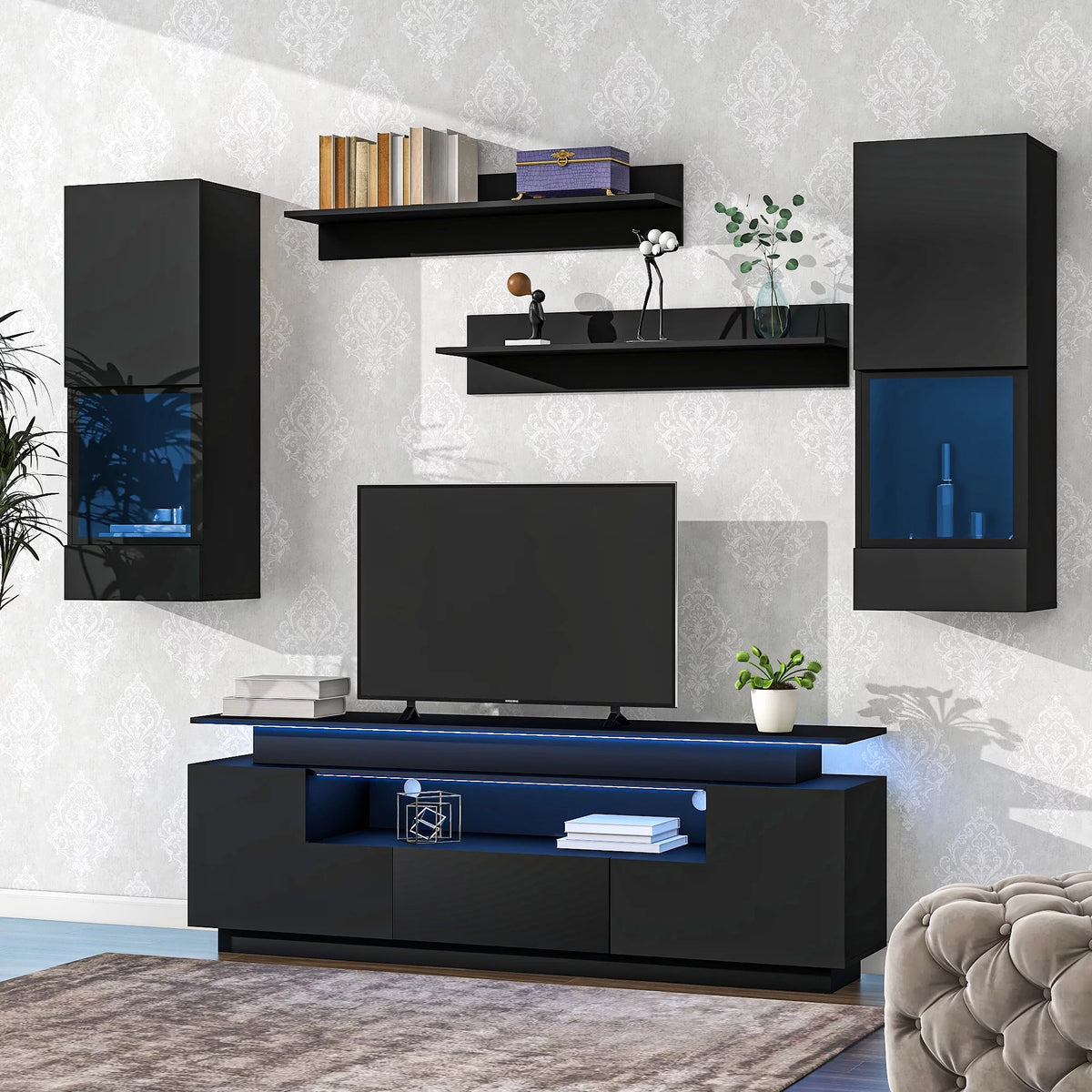 Black 5 Pieces Wall Mounted TV Stand with LED Light Strips B8714
