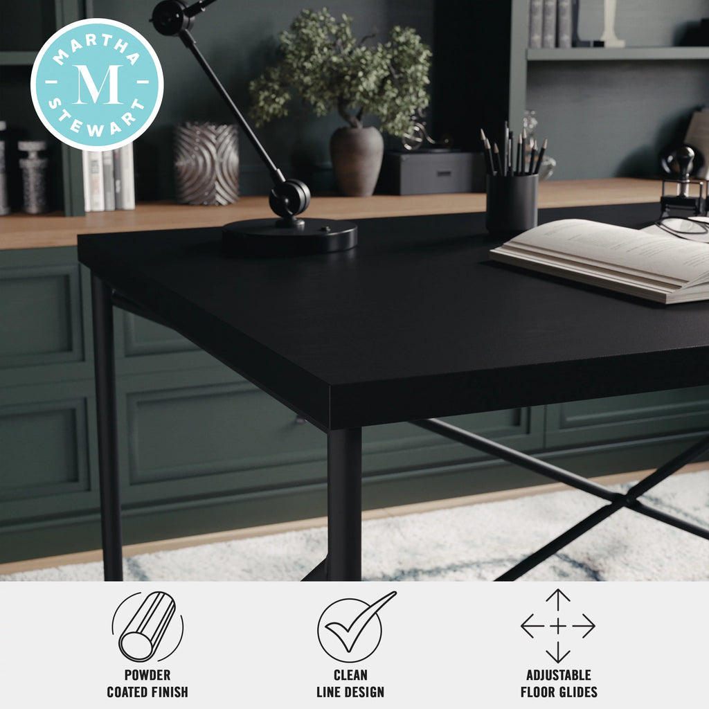 Black Wood Grain Parsons Desk with Metal X-Frame B7701