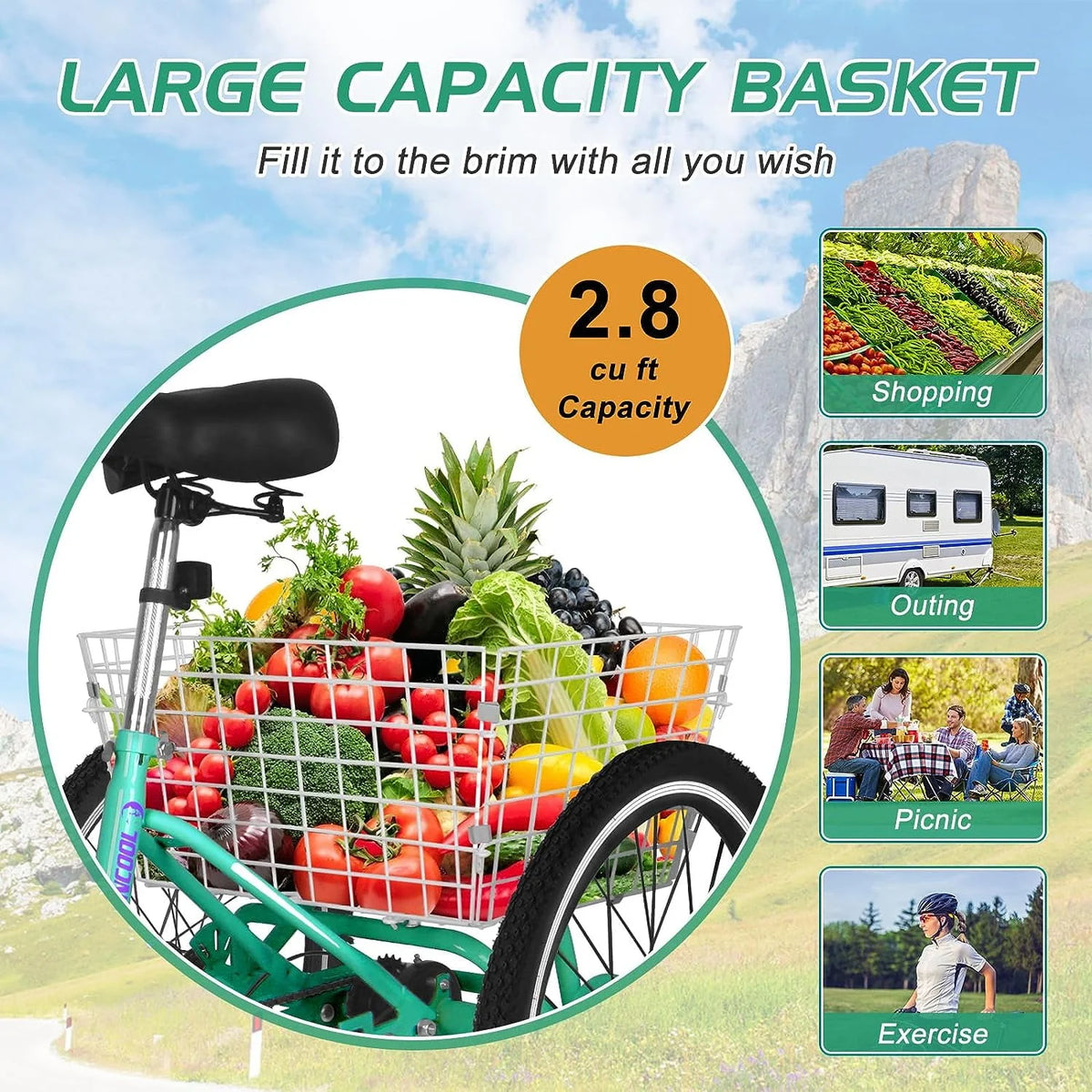 7 Speed 20/24/26 inch 3 Wheels Folding Tricycle with Basket P796936