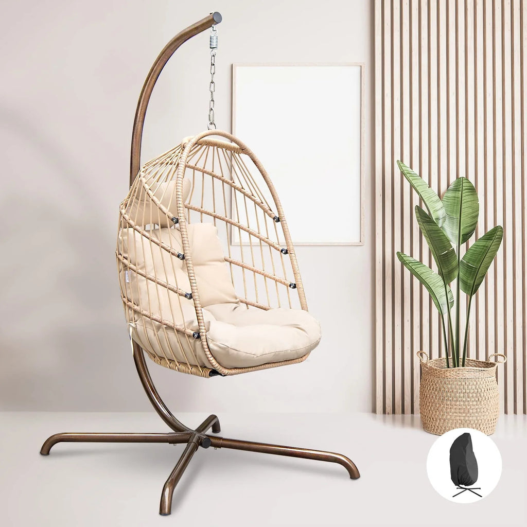 Rattan Swing Egg Chair with Stand Grey 350 lbs B571748