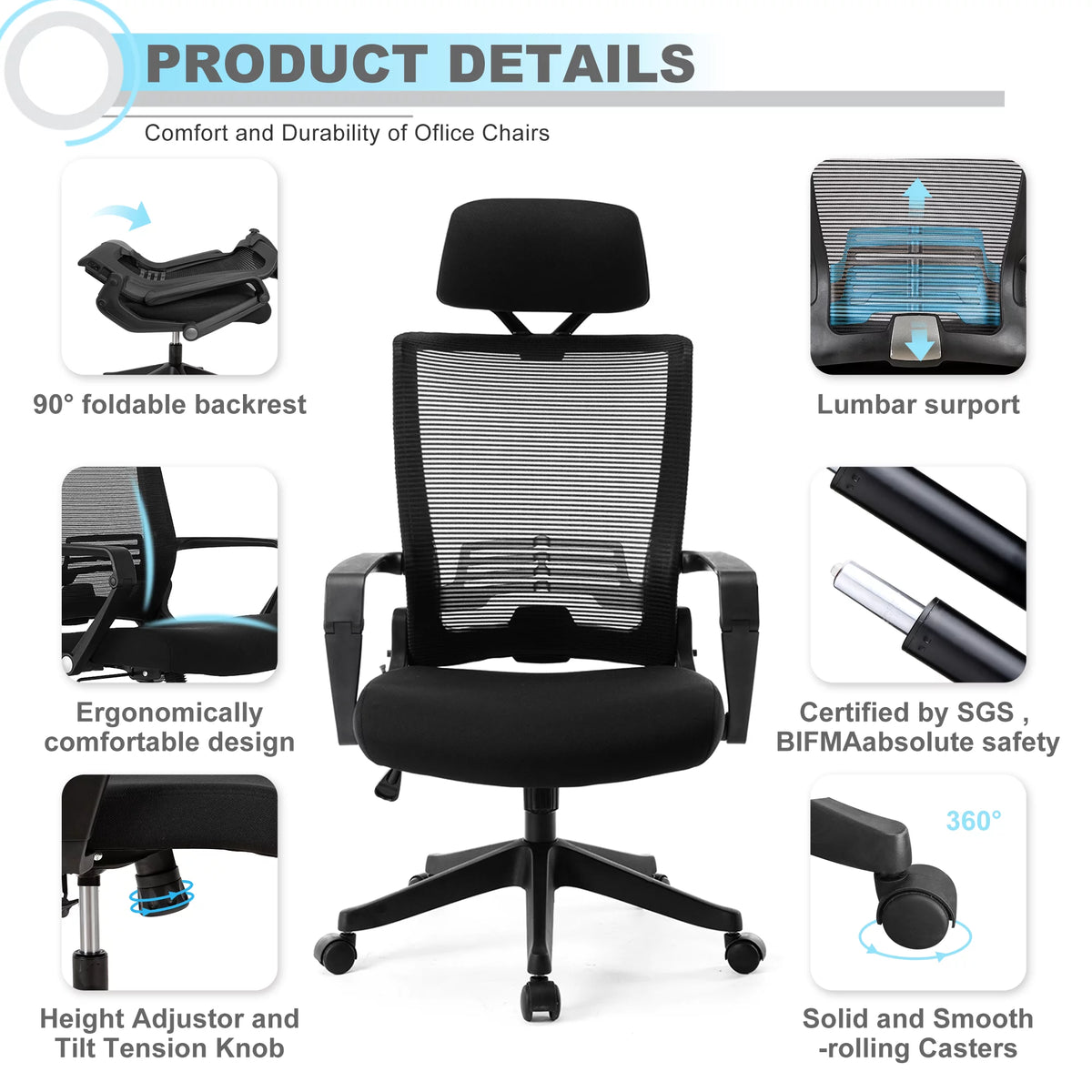 Black Ergonomic Mesh Office Chair with Footrest V13648