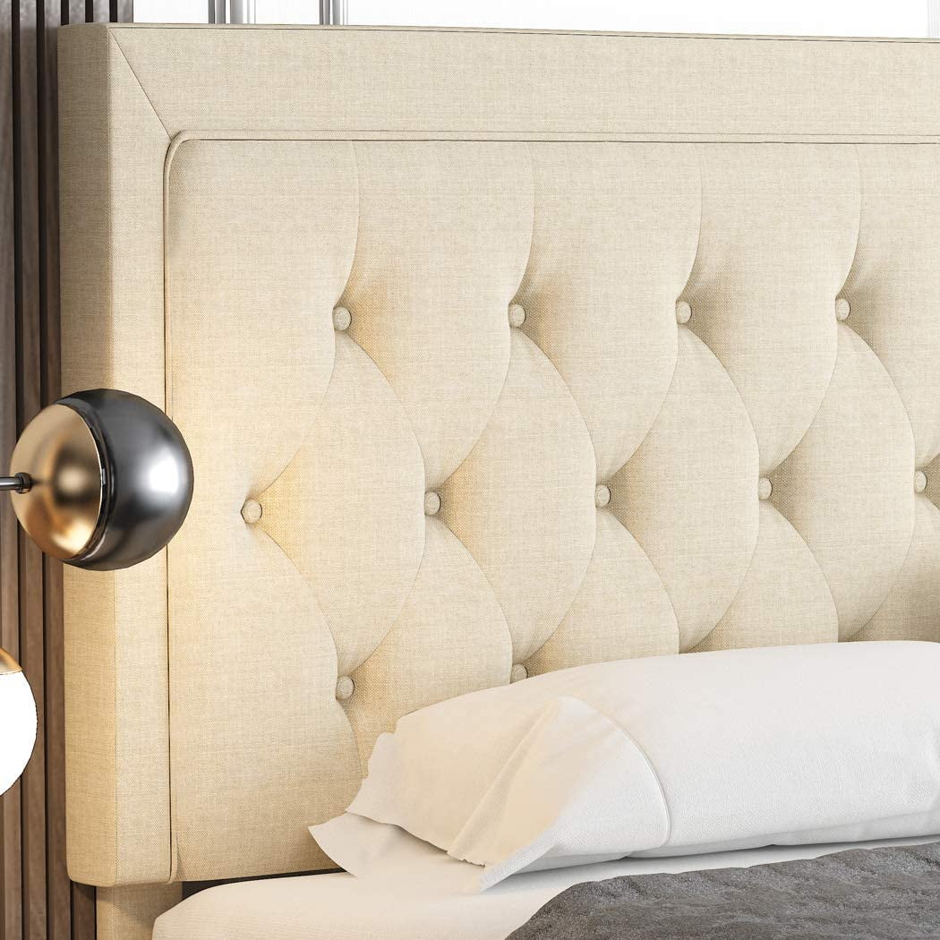 Queen Size Beige Upholstered Platform Bed Frame Q9174