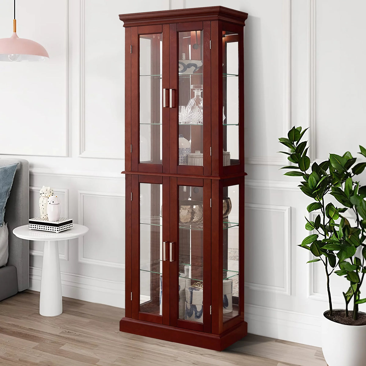 6-Tier Lighted Curio Display Cabinet with Adjustable Shelves and Tempered Glass Doors W535