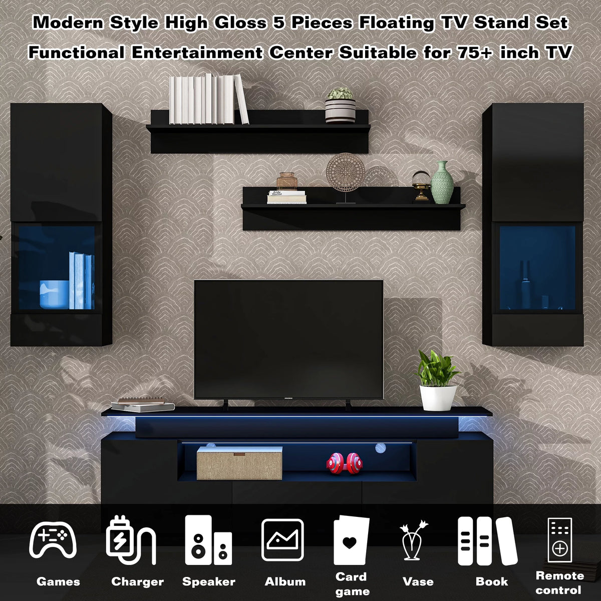 Black 5 Pieces Wall Mounted TV Stand with LED Light Strips B8714