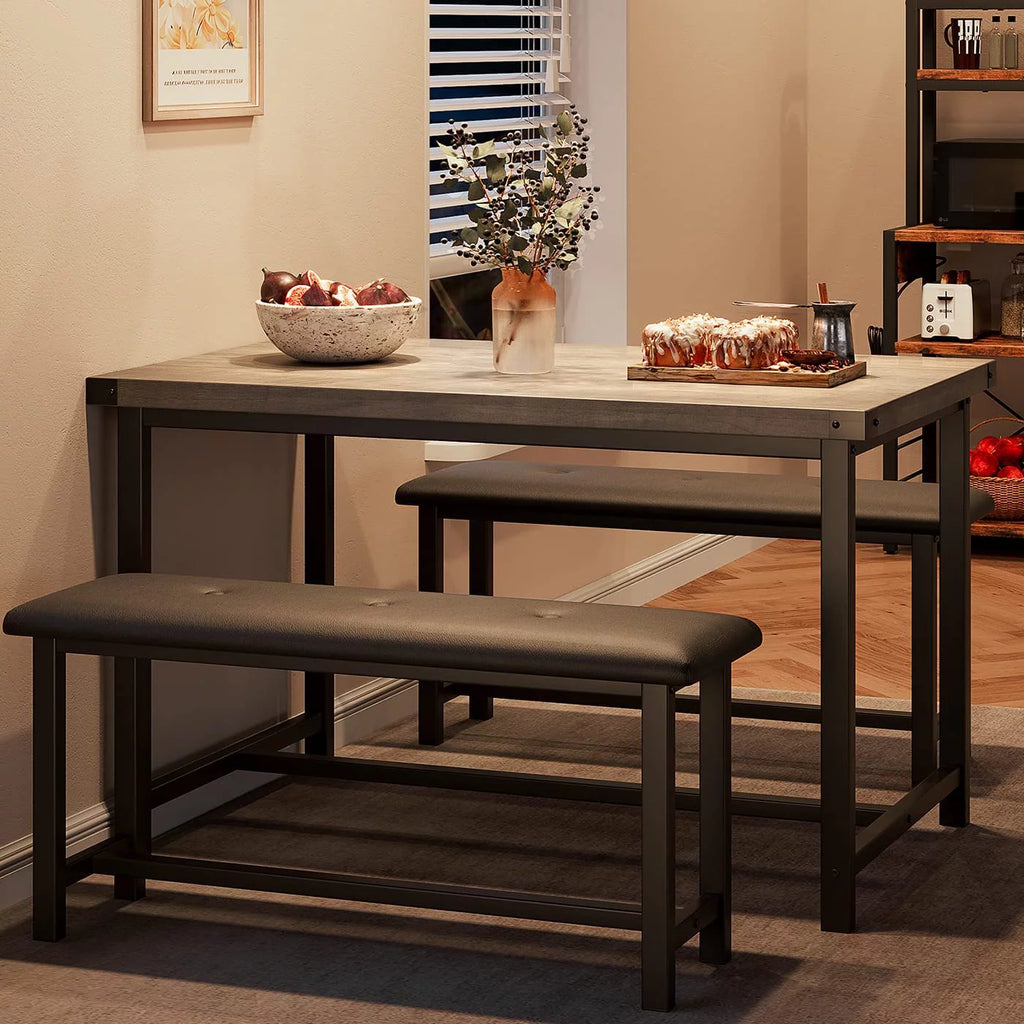 Rustic Grey 3 Piece Dining Table Set with 2 Benches E721816