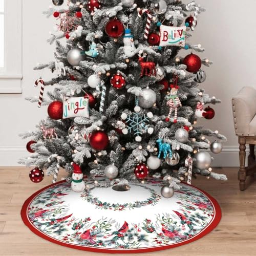 Christmas Tree Skirt 36 Inches Red Poinsettia Floral Holly Leaves White V8025