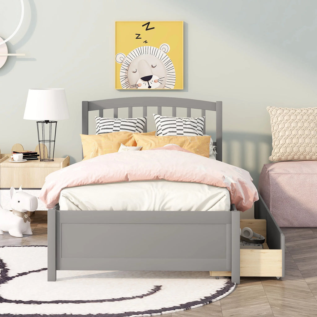 Grey Wood Twin Bed Frame with 2 Storage Drawers Y412627