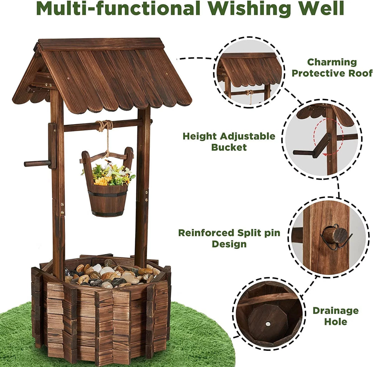 Wooden Wishing Well with Hanging Bucket N69334