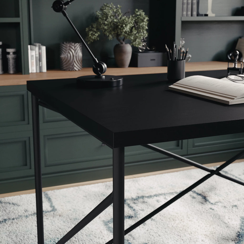 Black Wood Grain Parsons Desk with Metal X-Frame B7701