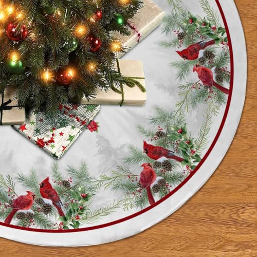Christmas Tree Skirt 36 Inches Red Poinsettia Floral Holly Leaves White V8025