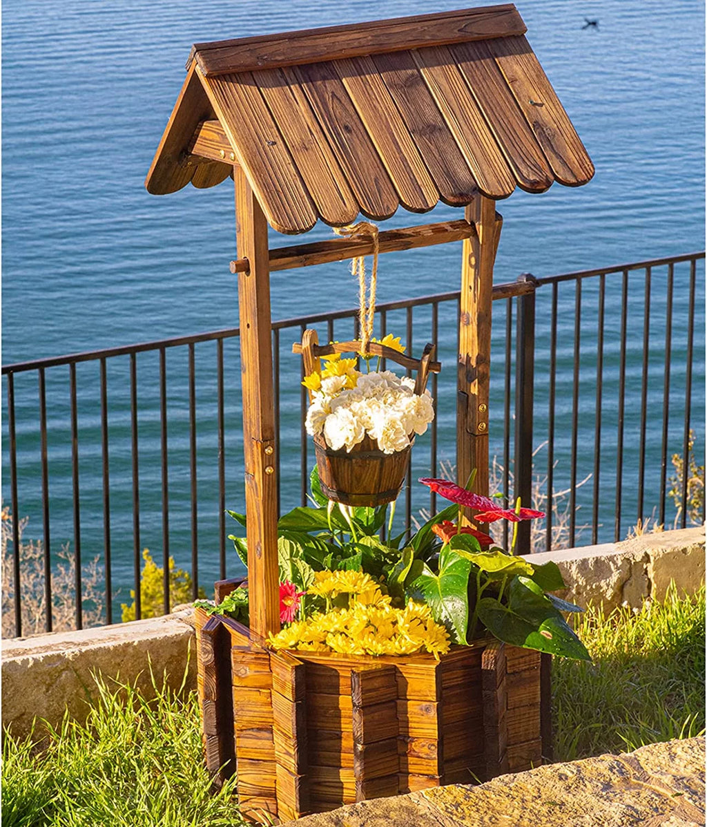 Wooden Wishing Well with Hanging Bucket N69334