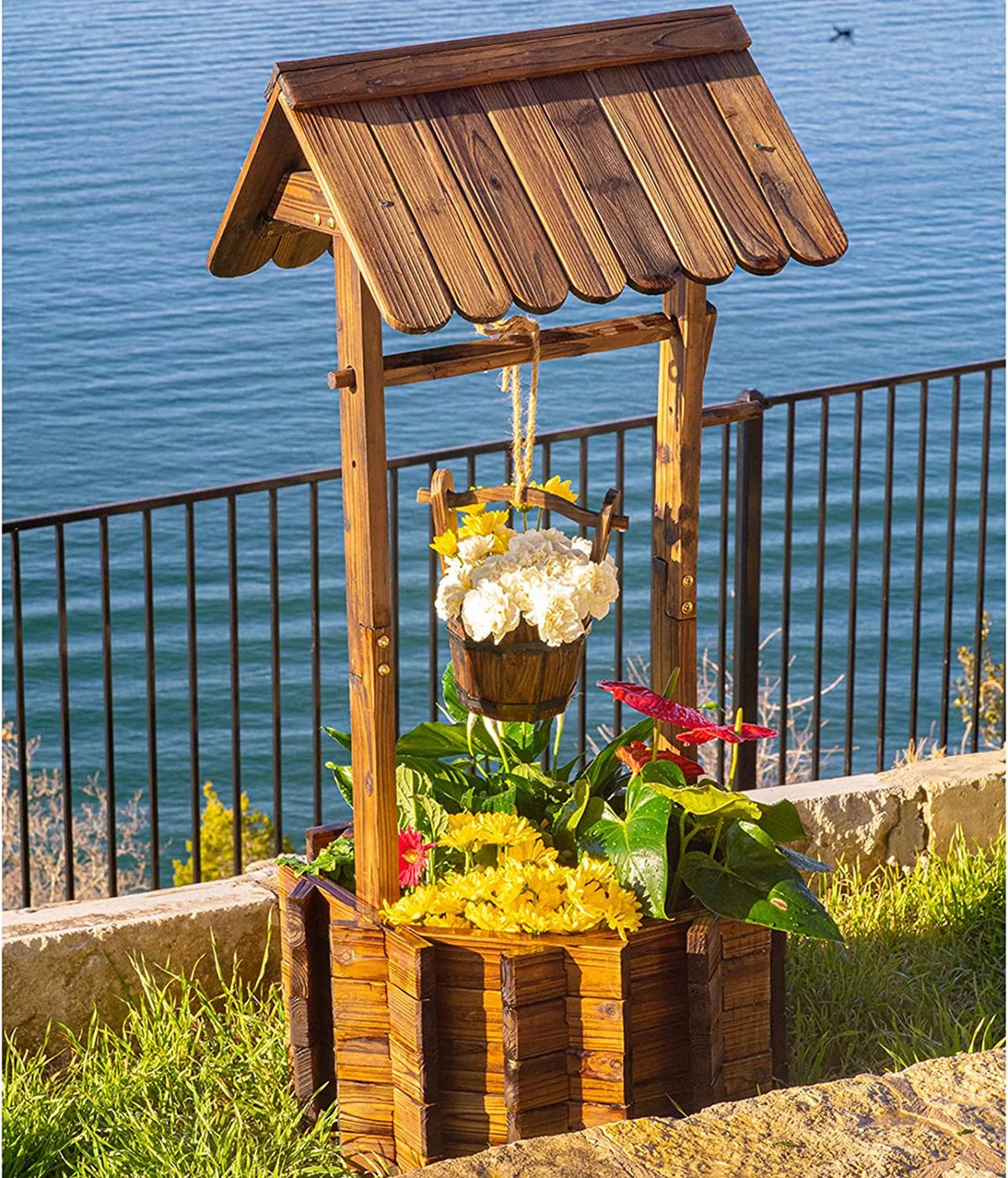 Wooden Wishing Well with Hanging Bucket N69334