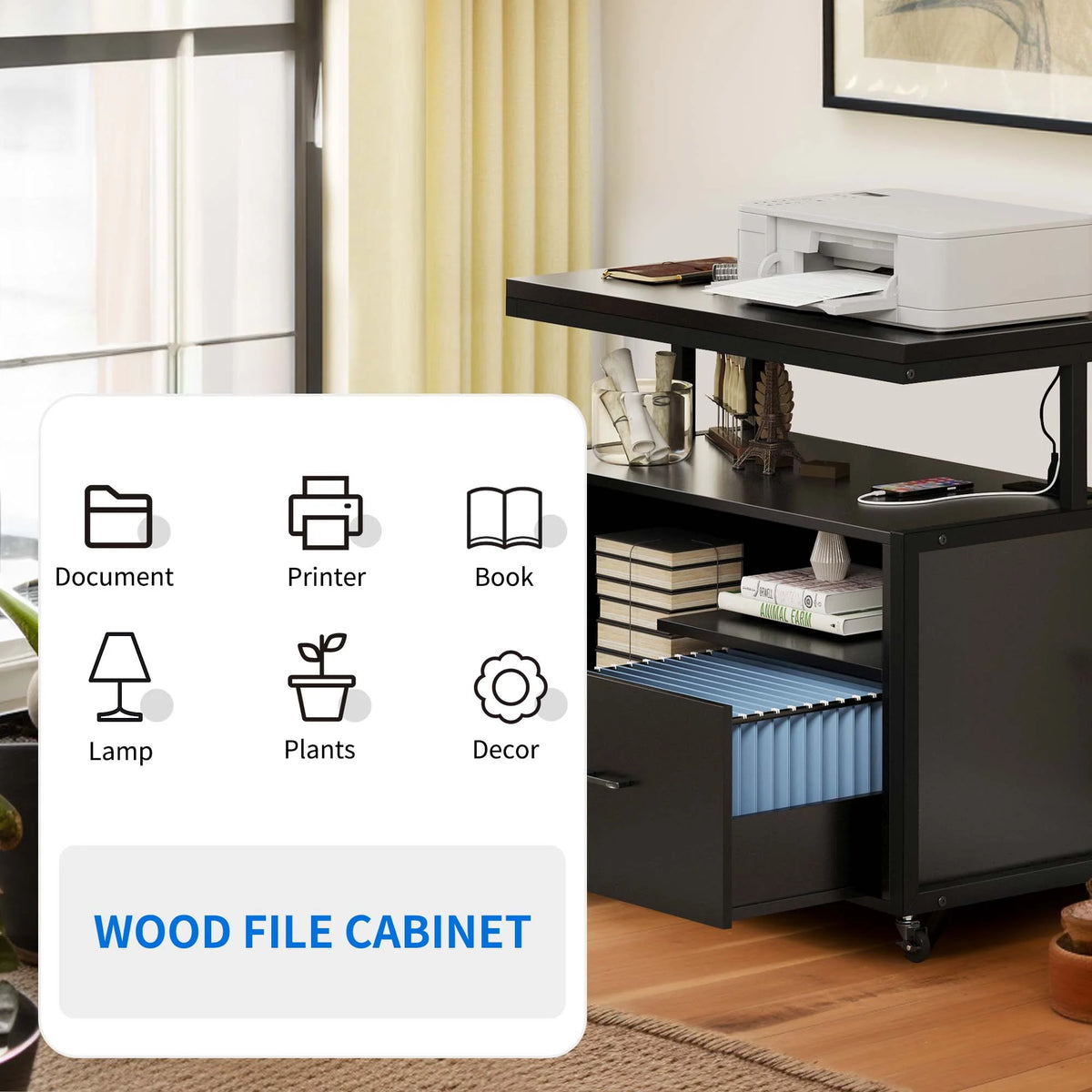 Wood File Cabinet with Charging Station and Printer Shelf O565
