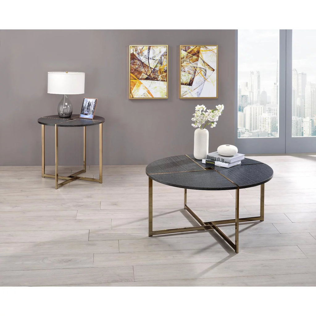 Round Wooden Coffee Table in Black and Champagne F93656