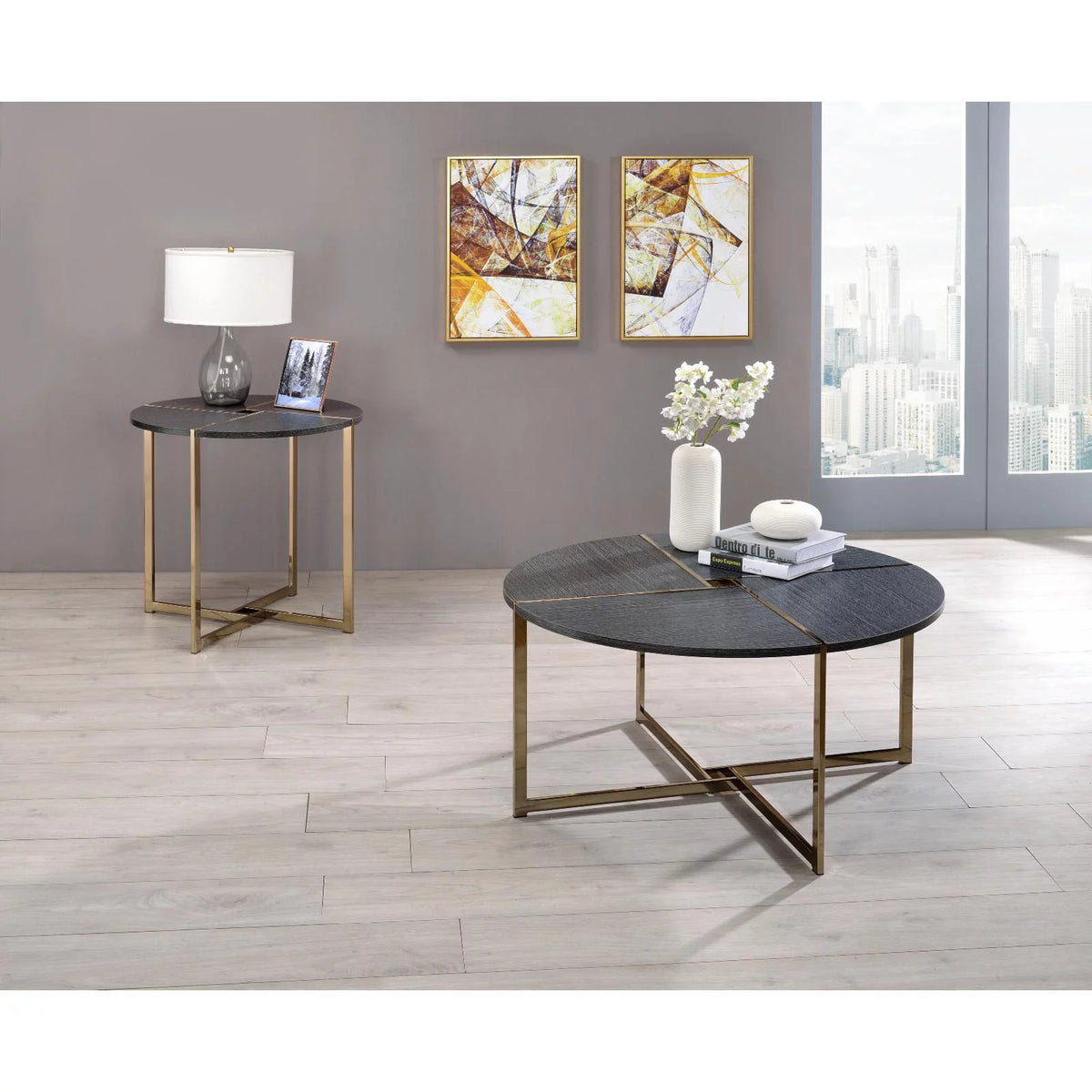 Round Wooden Coffee Table in Black and Champagne F93656