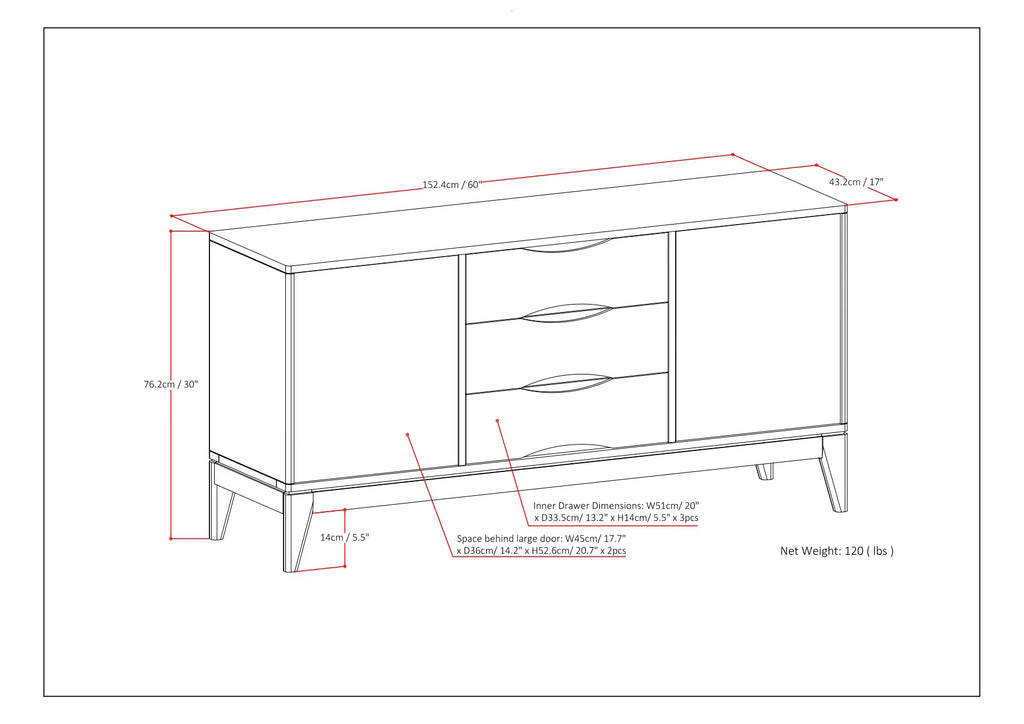 Walnut Brown 60 inch Solid Hardwood Sideboard Buffet Y2560