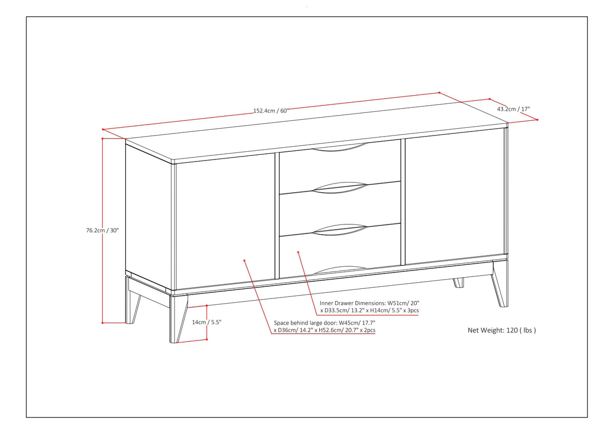 Walnut Brown 60 inch Solid Hardwood Sideboard Buffet Y2560