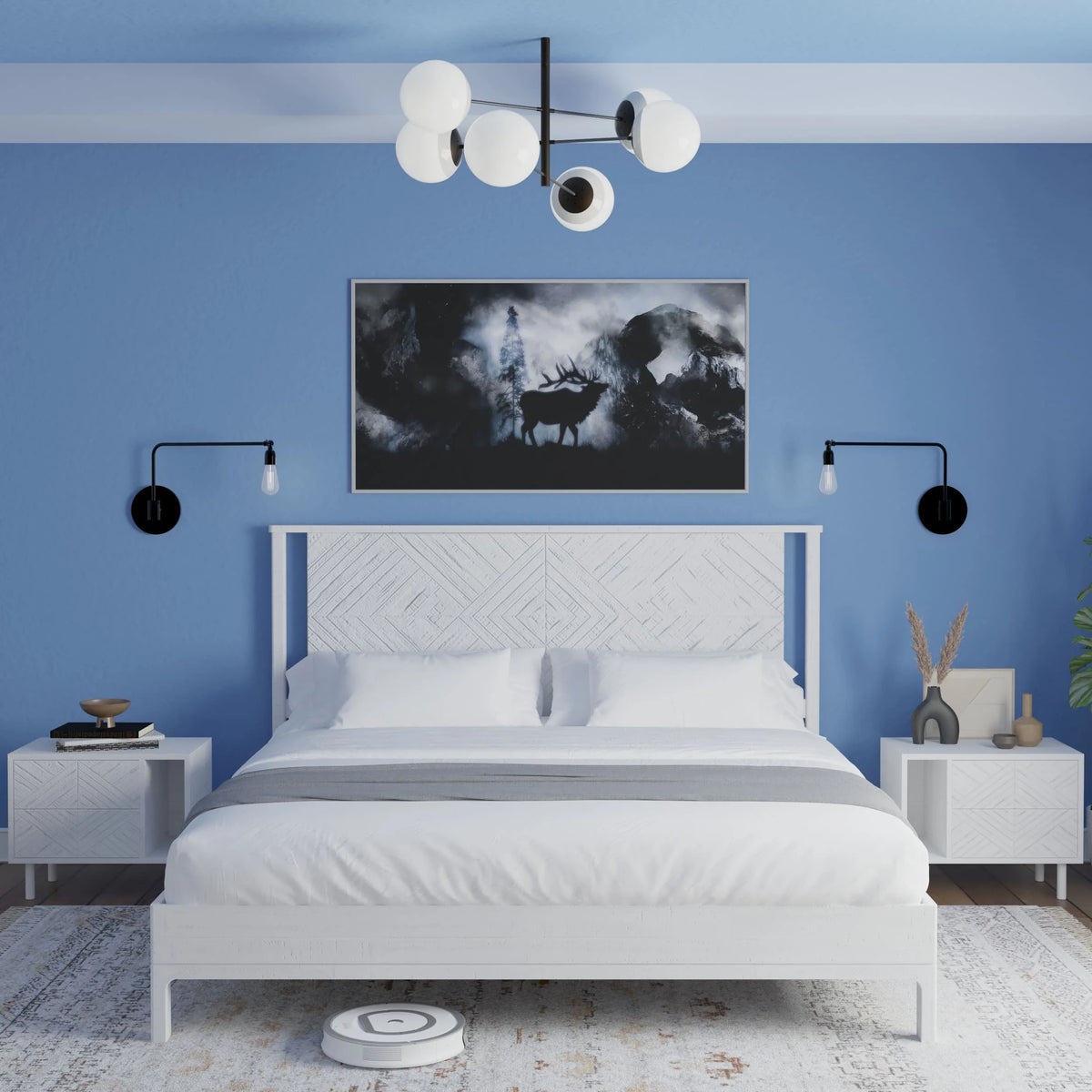 Queen Platform Bed Frame with Headboard Solid Wood Black Y19016